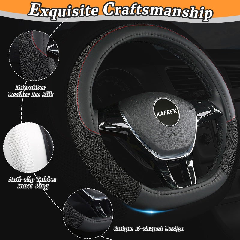 KAFEEK D Shape Steering Wheel Cover, Universal 15 inch, Microfiber Leather Viscose, Breathable, Anti-Slip,Warm in Winter and Cool in Summer, Black - Image 4